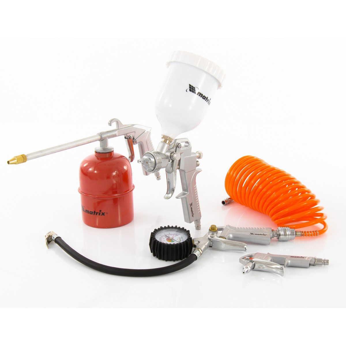 Набор пневмоинструмента, 5 предметов, быстросъемное соед., краскорасп. с верхним бачком MATRIX, 57304
