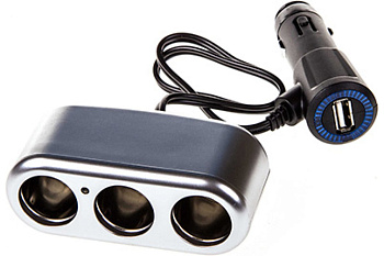 Разветвитель прикуривателя 3 гнезда + USB  SKYWAY Серебристый, предохранитель 10А, USB 1A