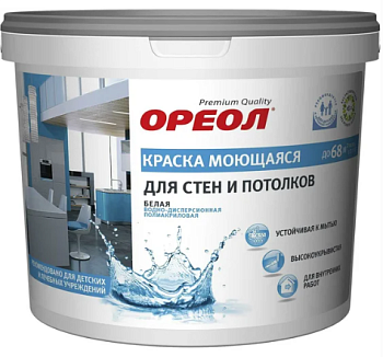Краска ОРЕОЛ для СТЕН И ПОТОЛКОВ моющаяся 13кг для внутренних работ белая