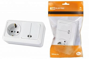 Блок комбинированный выключатель 2-кл. 10А с подсветкой + розетка 2П+З 16А 250В БКВР IP20 белый TDM