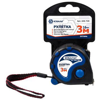 Рулетка КОБАЛЬТ Оптима 3м x 16мм двухкомпонентный корпус
