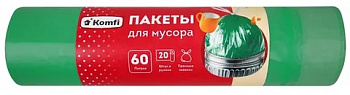 Мешки для мусора ПНД, с завязками, 60л, 20шт, в рулоне, зеленые, Komfi