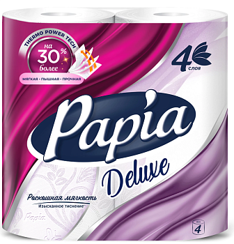 Туалетная бумагая быт., спайка 4 шт., 4-слойная (4х16 м), PAPIA DELUXE, белая, ш/к 00037