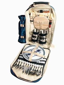 Рюкзак-холодильникс набором посды на 4 персоны: 4 тарелки, 4 кружки, солонка, перечница, открывалка,