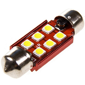 Лампа светодиодная 11-39 (SV8,5) 6 SMD 3030 диодов, биполярная, мощная, радиатор, салонная 12-24v