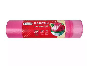 Мешки для мусора ПНД, с завязками, 60л, 20шт, в рулоне, розовые, Komfi