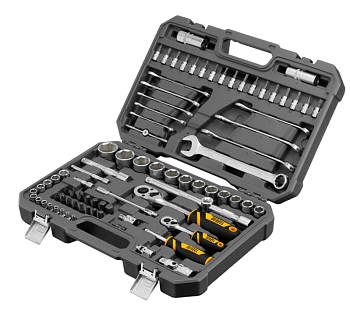 Набор инструментов, 1/2", 1/4", CrV, S2, пластиковый кейс, 82 предмета// Denzel