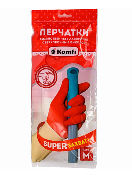 Перчатки хозяйственные латексные СВЕРХПРОЧНЫЕ БИКОЛОР М /белый+красный/ Komfi