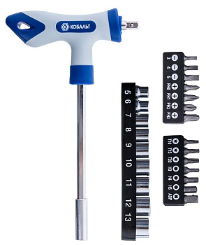 Рукоятка отверточная КОБАЛЬТарт. 245-473 Т-образная с набором бит и торцевых головок 1/4