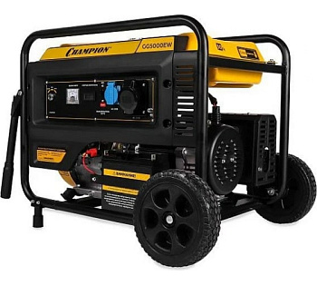 Генератор CHAMPION GG5000EW (5/5,5кВт 15лс 25л 81кг эл.старт колеса, счетчик)