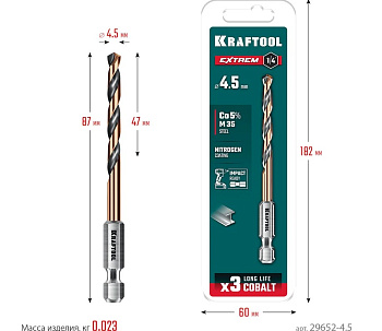 Cверло по металлу KRAFTOOL  НЕХ-1/4", d 4.5 х 87 мм для винтовёртов и шуруповертов IMPACT READY