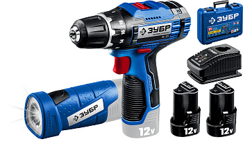 Дрель-шуруповерт ЗУБР 12В + LED фонарь, 2 АКБ (2Ач), в кейсе, профессионал.
