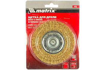 Щетка (06986) для дрели, 100 мм, плоская со шпилькой, латунированная витая проволока