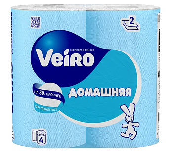 Туалетная бумага быт., спайка 4 шт., 2-х слойная, (4х15 м), VEIRO Домашняя, белая, 1с24, ш/к 98472