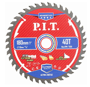 Диск пильный по дереву P.I.T. ADVANCE 180x20x1,4 мм, 40T Carbide, зуб ATB 15° (ACTW14-180T40)