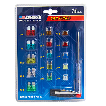 Набор предохранителей с индикаторной отверткой (флажковые, мини, микро) 15шт ABRO MASTERS