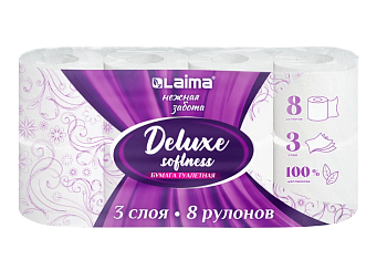Туалетная бумага 3-х слойная, 8 рулонов (8х16,5м.), LAIMA Deluxe, 100% целлюлоза, 115396