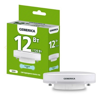 Лампа светодиодная T80 12Вт таблетка 6500К GX53 230В GENERICA LL-T80-12-230-65-GX53-G