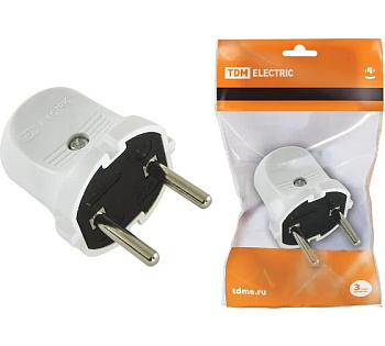 Вилка без/з ТДМ 6А 250В IP20 50Гц бел/чер