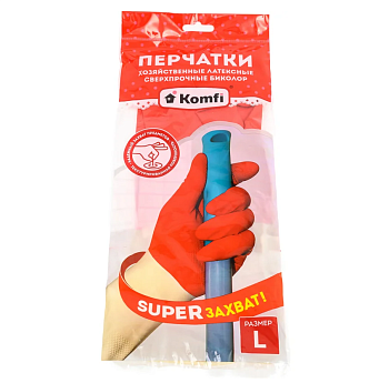Перчатки хозяйственные латексные СВЕРХПРОЧНЫЕ БИКОЛОР L /белый+красный/ Komfi