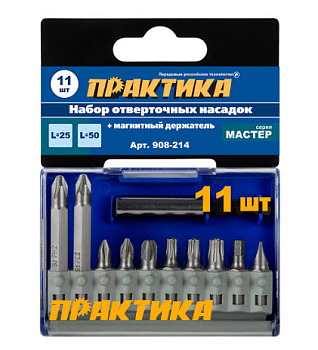 Набор бит ПРАКТИКА "Мастер 11шт 25 и 50 мм PH, PZ, SL, TORX  держатель 60