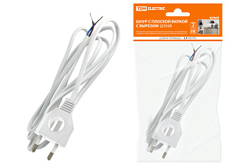 Шнур с плоской вилкой с вырезом ШУ04 ШВВП 2х0,75мм2 1,7м белый TDM