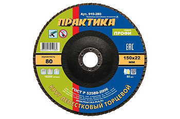 Круг лепестковый шлифовальный ПРАКТИКА "Профи" 150х22мм Р-80 1(шт) 