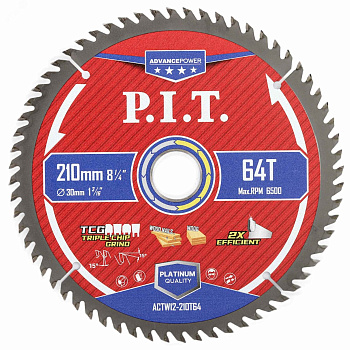 Диск пильный по дереву P.I.T. ADVANCE 210x30x2,2 мм, 64T Carbide, зуб TCG 15° (ACTW12-210T64)