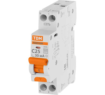 Выключатель автоматический дифференциального тока одномодульный АВДТ 63М С25 30мА 4.5кА TDM