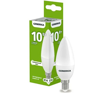 Лампа светодиодная C35 10Вт свеча 4000К E14 230В GENERICA LL-C35-10-230-40-E14-G