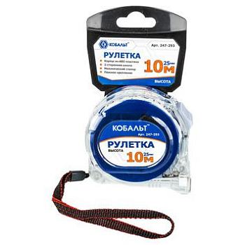 Рулетка КОБАЛЬТ Высота 10м x 25мм прозрачный корпус (мех.стопор, 2-сторонняя шкала)