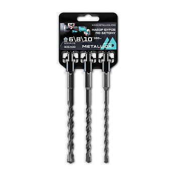 Набор буров по бетону SDS-plus METALLICA Optima 6, 8, 10 х 160/100 мм, 3 шт на клипсе