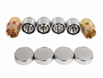 Гайки секретные 12х1,5 конус, открытые, L23,5мм вращающ.кольцо 2ключа пласт.заглушки Гайки секретные 12х1,5 конус, открытые, L23,5мм вращающ.кольцо 2ключа пласт.заглушки