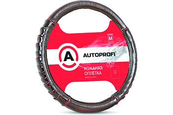 Оплетка руля натур.кожа, гладкая, глянцевая, 2 вставки "гармошка" коричневая (М)