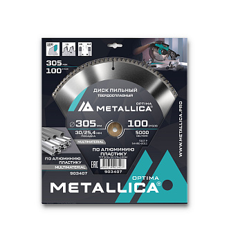 Диск пильный тв. сплав. METALLICA Optima 305х30/25,4 мм, 100 зубов, Т=3,0 мм по алюминию, пластику Диск пильный тв. сплав. METALLICA Optima 305х30/25,4 мм, 100 зубов, Т=3,0 мм по алюминию, пластику