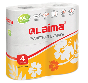 Туалетная бумага бытовая, спайка 4 шт., 2-х слойная, (4х19 м), LAIMA, белая, 126904