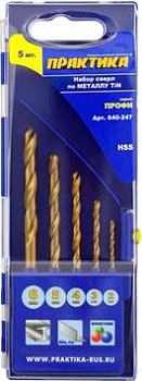 Набор сверл по металлу ПРАКТИКА "Профи" нитрид титана, 5шт, 2-6 мм 