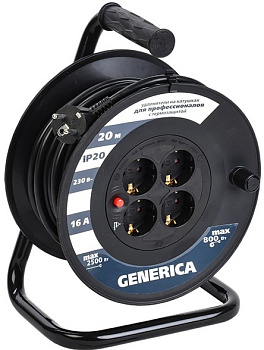 Удлинитель на катушке 4х20м 16А IP20 УК20 2P+PE 3х1.5 термозащита GENERICA WKP20-16-04-20-G
