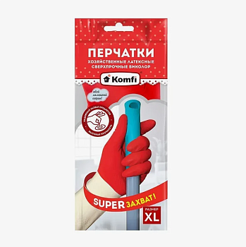 Перчатки хозяйственные латексные СВЕРХПРОЧНЫЕ БИКОЛОР XL /белый+красный/ Komfi 2шт уп