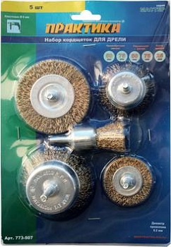Набор кордщеток ПРАКТИКА 5шт для дрели, мягкие, 50,75 чаш, 50,75 радиал, 25мм кисть