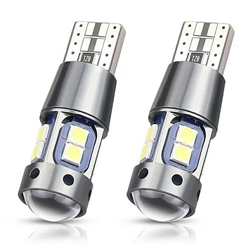 Лампа светодиодная Т10 (W2,1-9,5d) белая, 10 SMD диодов, линза, CANBUS, (б/цокольная) 12v