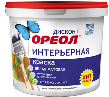 Краска ОРЕОЛ Дисконт интерьер 1,5кг бел, полиакрил, матовая Краска ОРЕОЛ Дисконт интерьер 1,5кг бел, полиакрил, матовая