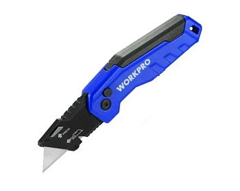 Нож складной алюминиевый PRO (быстрое открытие, SK5, трапеция)+14 лезвий Workpro, WP211025 (синий)