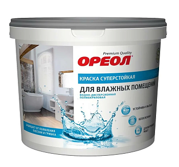 Краска для влажных помещений  "ОРЕОЛ"суперстойк.вд. полиакрил. для внутр. работ белоснеж 6,5 кг