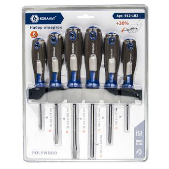 Набор отверток КОБАЛЬТ POLYWOOD, CR-V, древесно-полимерная рукоятки (6 шт) подвес