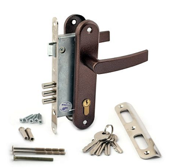 Замок врезной цилиндр 3В-4 с защелкой и ручками бронза , коричневый