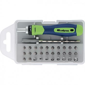 Отвертка реверсивная для точных работ с набором бит и торцевых головок, 32 предм., CrV Сибртех