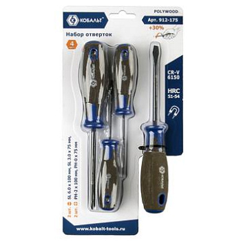 Набор отверток КОБАЛЬТ POLYWOOD, CR-V, древесно-полимерная рукоятки (4 шт) подвес