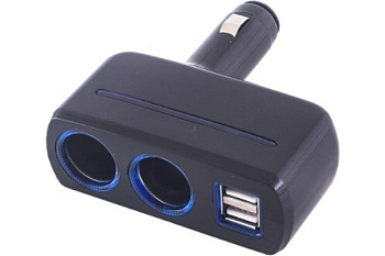Разветвитель прикуривателя 2 гнезда + 2USB SKYWAY Черный предохранитель 5А, один USB- 2A, другой - 1